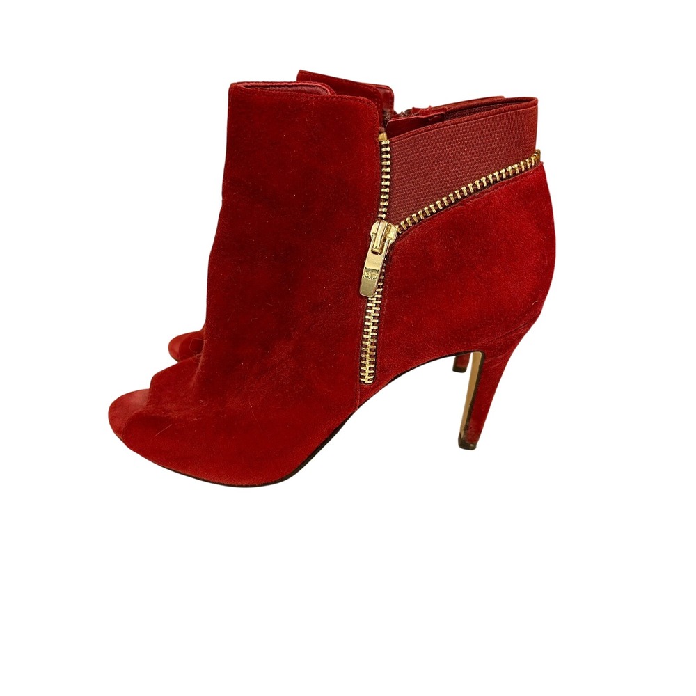 Marc Fisher Serenity Red Suede Open Toe Ankle Booties Gold Zip Heels 7W